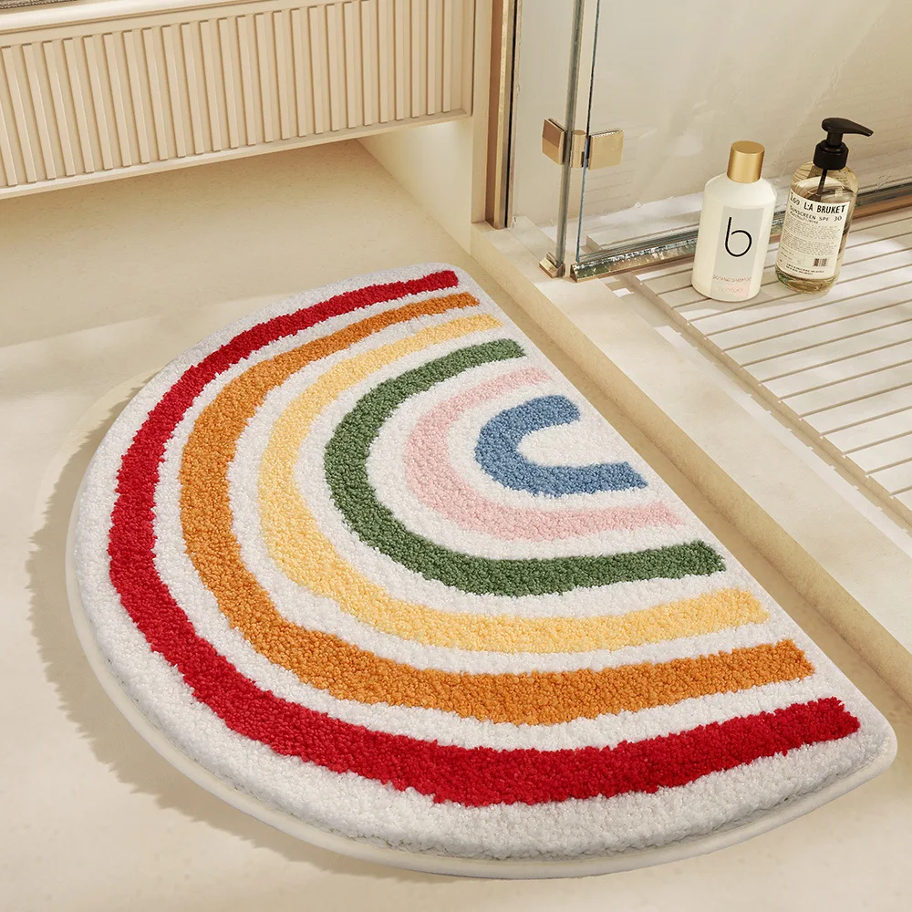 Ins Style Rainbow Bathroom Floor Mat Shower Room Absorbent Foot Mat Bathroom Door Mat Semi-circle Non-slip Bath Carpet