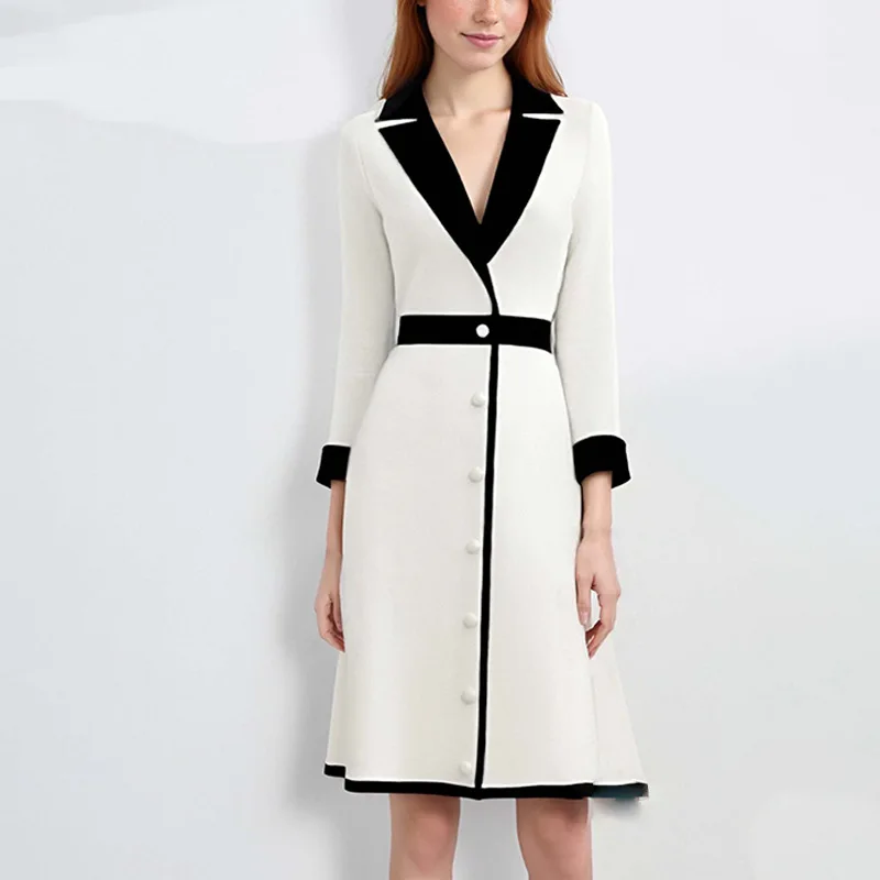 French Color Block Notched Collar Blazer Dresses Woman Button Decoration A-Line Office Dress Fall 3/4 Sleeve Elegant Party Dress