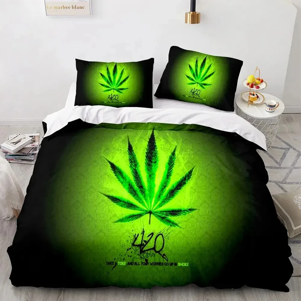 

Marijuana Weed Leaf King Queen Duvet Cover Green Maple Leaves Bedding Set for Adults Palm Leaves Polyester Quilt Cover