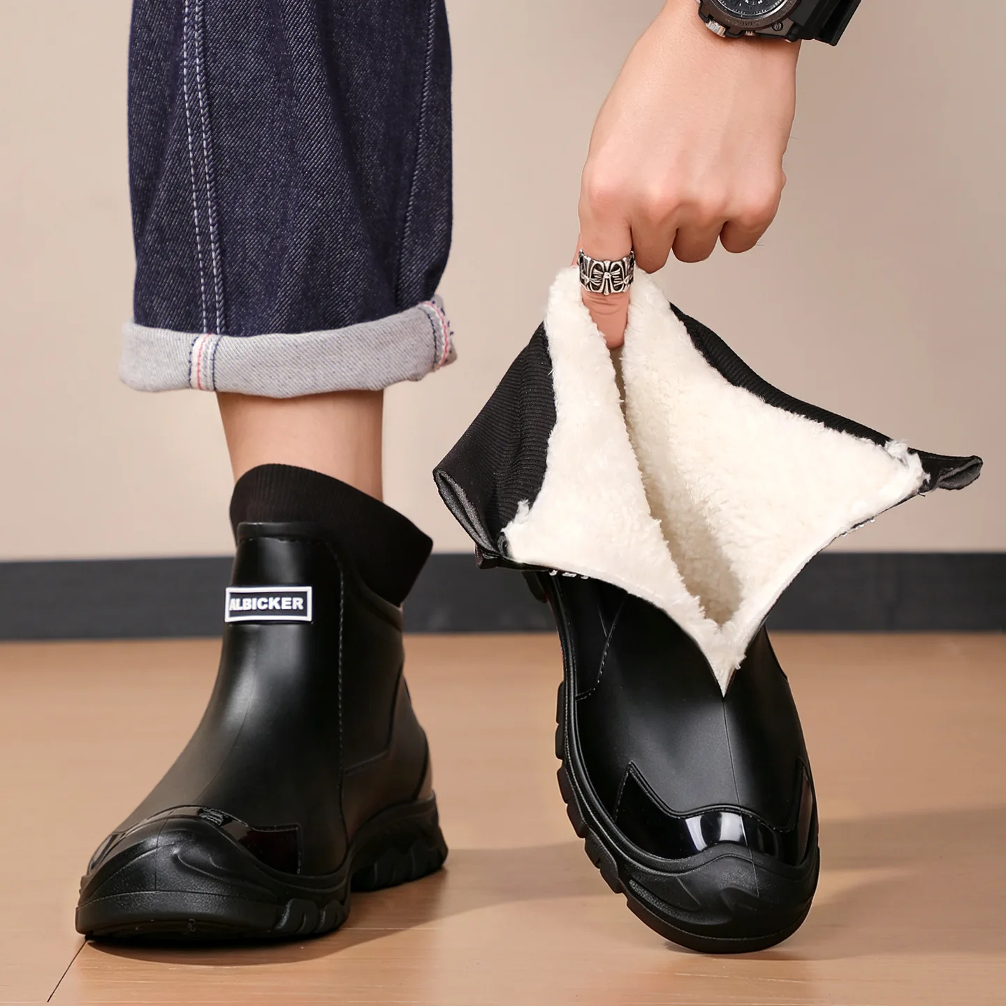 Men's Black Socks with Fleece Rain Shoes Couple's Big Size Rubber Shoes Fashionable Warm Fleece Shoes Anti Slip Trendy Shoes