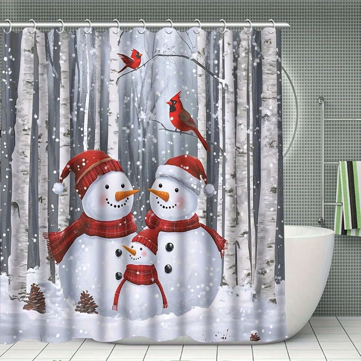 4Pcs Christmas Tree Shower Curtain Set, Red Green Golden Decor with 12 Hooks, Non-slip Mat & Toilet Lid Pad Set, Xmas Gift