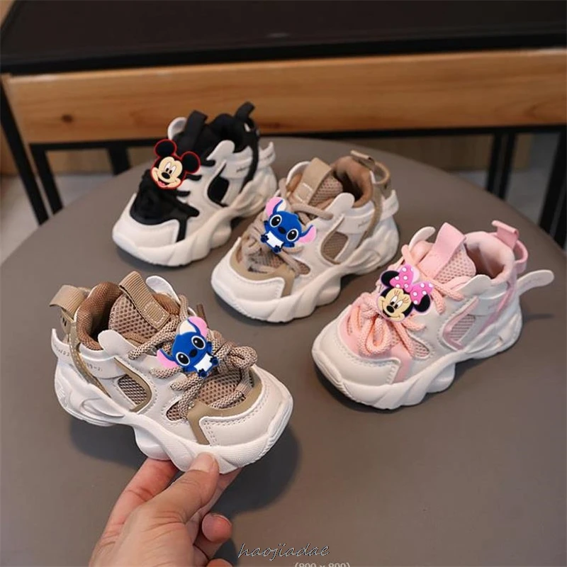 Disney Mickey Minnie Children's Sport Shoes Anti-slippery Soft-soled Girl's Sneakers Trend Tennis Sneakers For Kids Casual Shoes