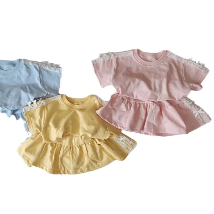 2024 Summer New Children Short Sleeve Clothes Set Girls Thin Cotton Bow T Shirts + Lace Skirts 2pcs Princess Suit Kids Outfits