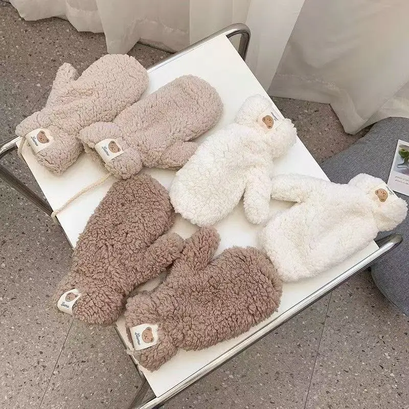 Women's Winter Cute Kawaii And Funny Plush Teddy Bear Gloves For Students Ride Outdoors Thick And Warm Harajuku Fashion Simple