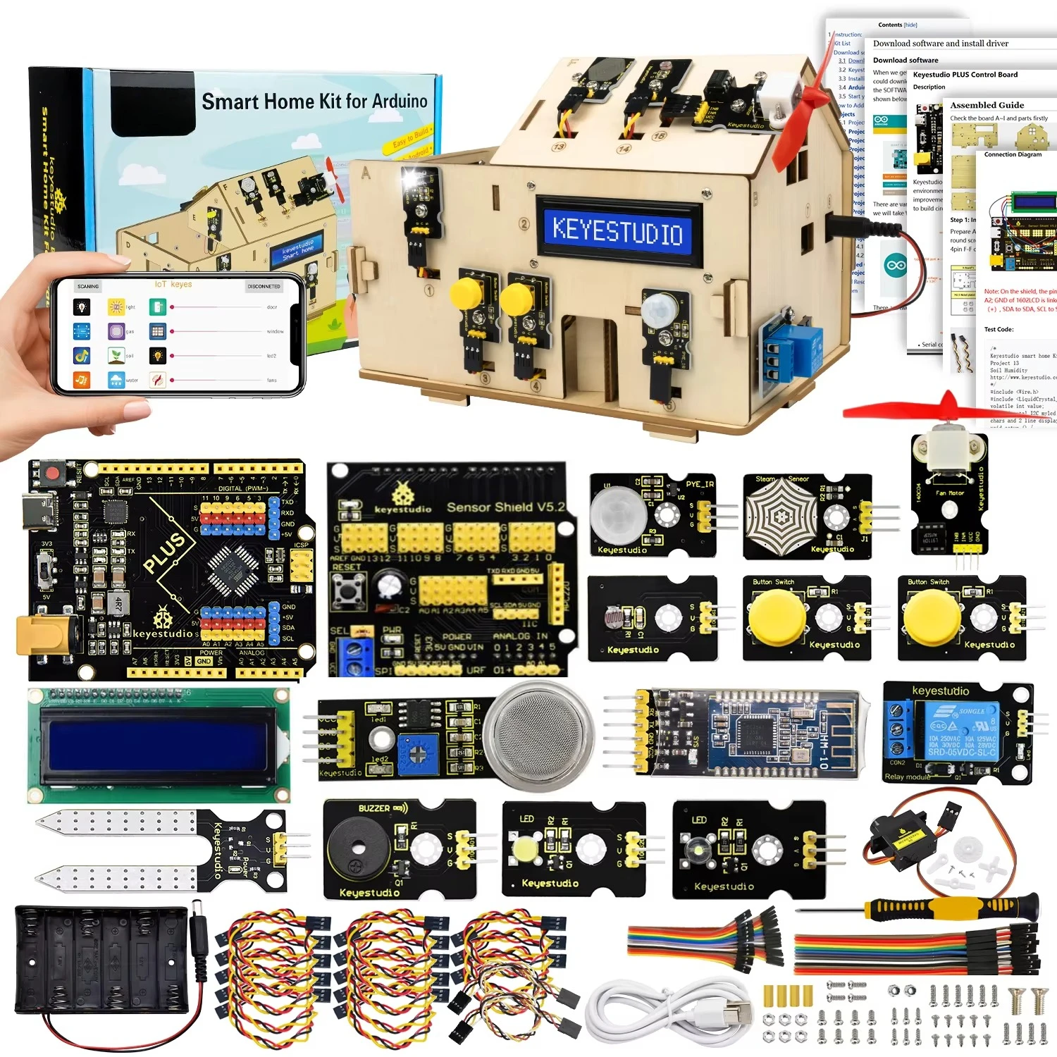 Keyestudio DIY Wooden House Electronic Component Kit STEM Program Learning Starter Smart Home Kit for Arduino