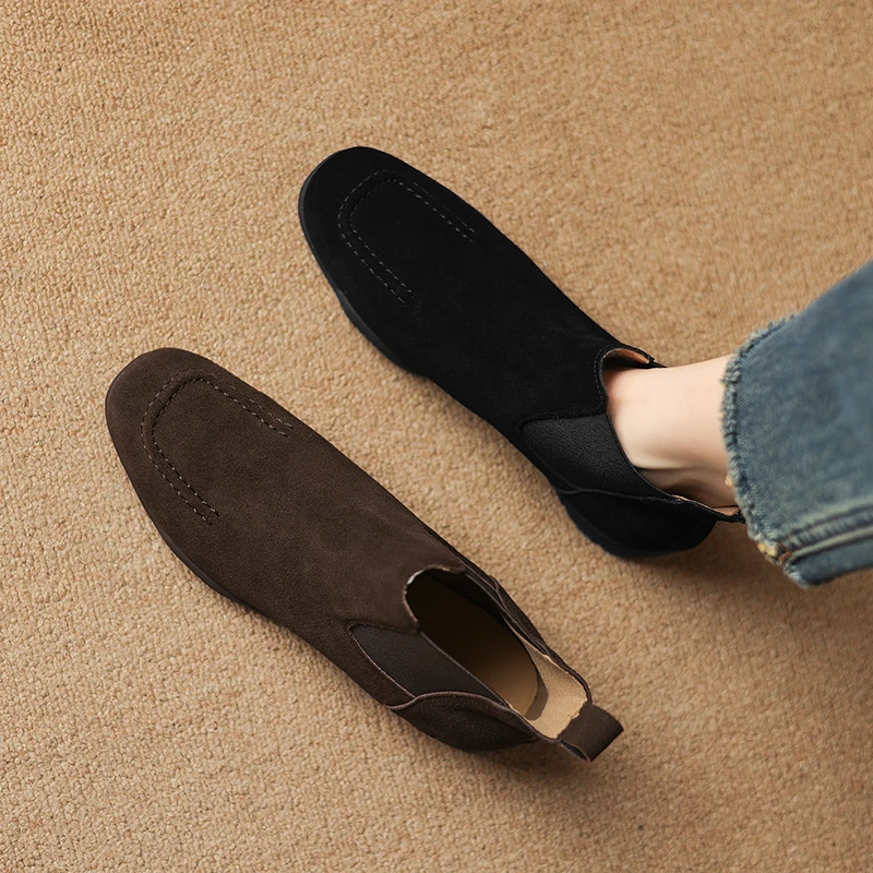 2026 new autumn winter women ankle boots natural leather 22-24.5cm cow suede upper round toe low heel chelsea boots fashion