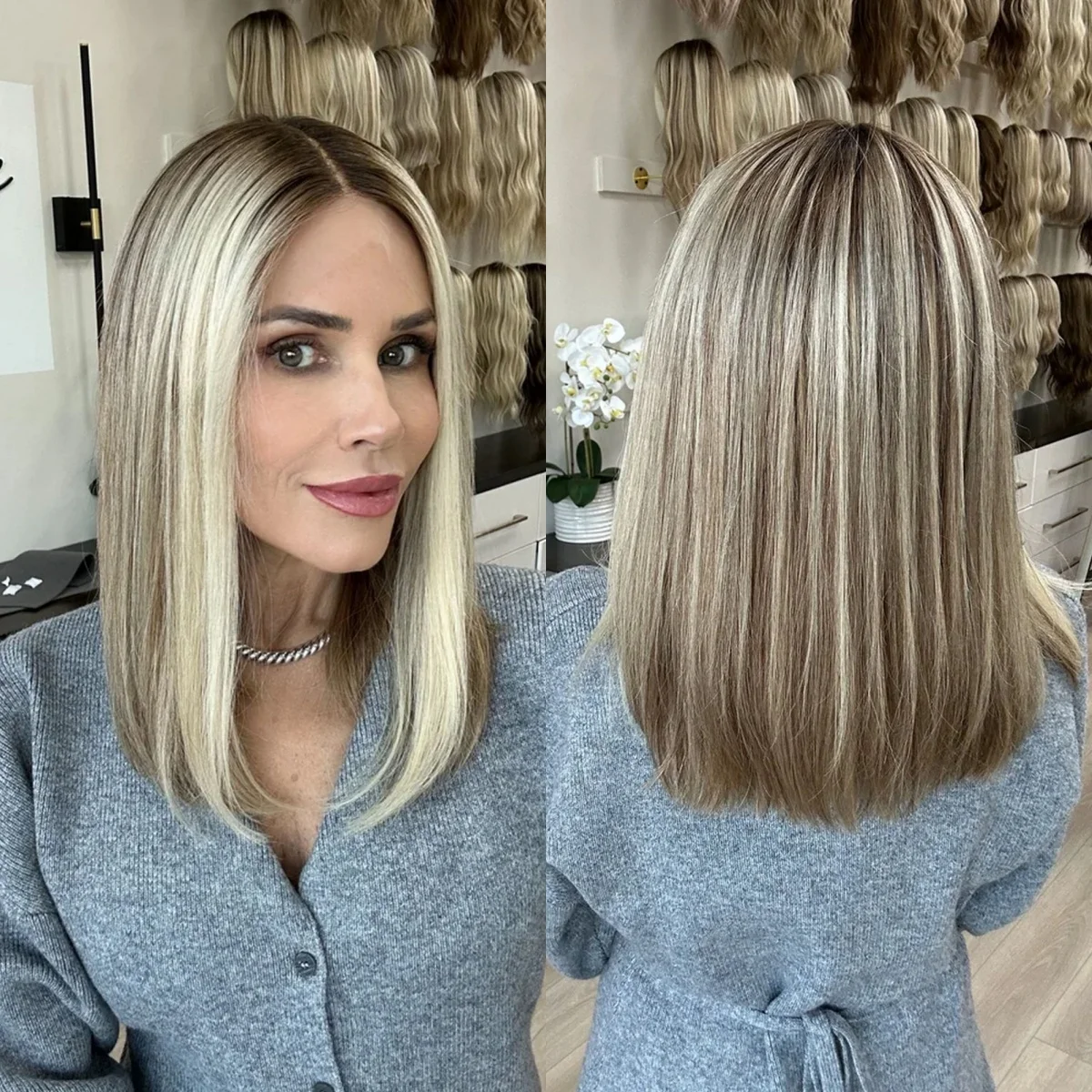 

16 Inches Bob Straight Shoulder 13*4 HD Transparent Lace Synthetic Wigs Ombre Ash Blonde Realistic Look Hairline Glueless Wigs