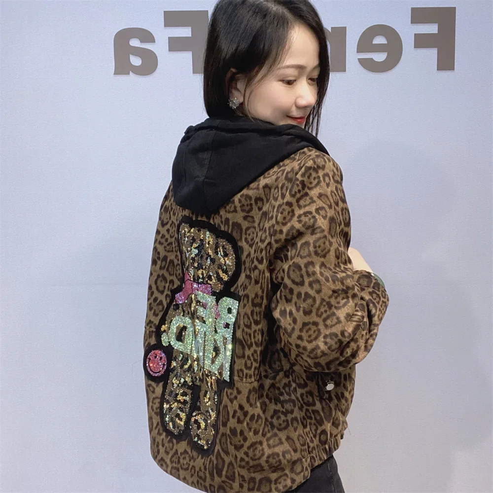 Chaquetas con estampado de leopardo para mujer, cárdigan informal holgado con dibujos de oso y diamantes, cárdigan con capucha y cremallera, chaleco Куртка Ж Dönalı Colotoюшоном