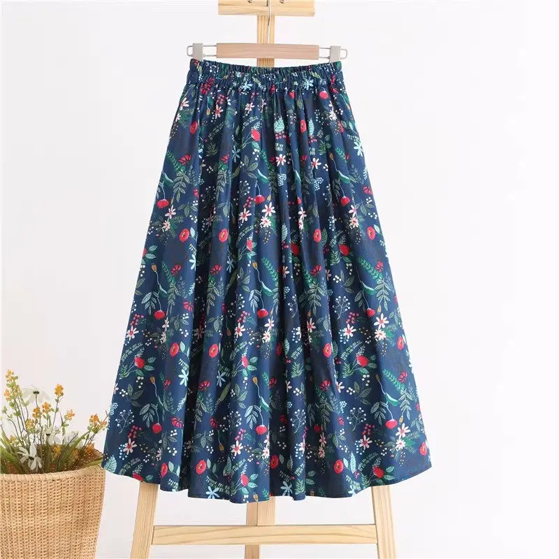 

2023 Spring Summer Versatile Skirt Women's Elastic High Waist Flowers Medium Length Cotton Linen Skirt Mujer Faldas Z788