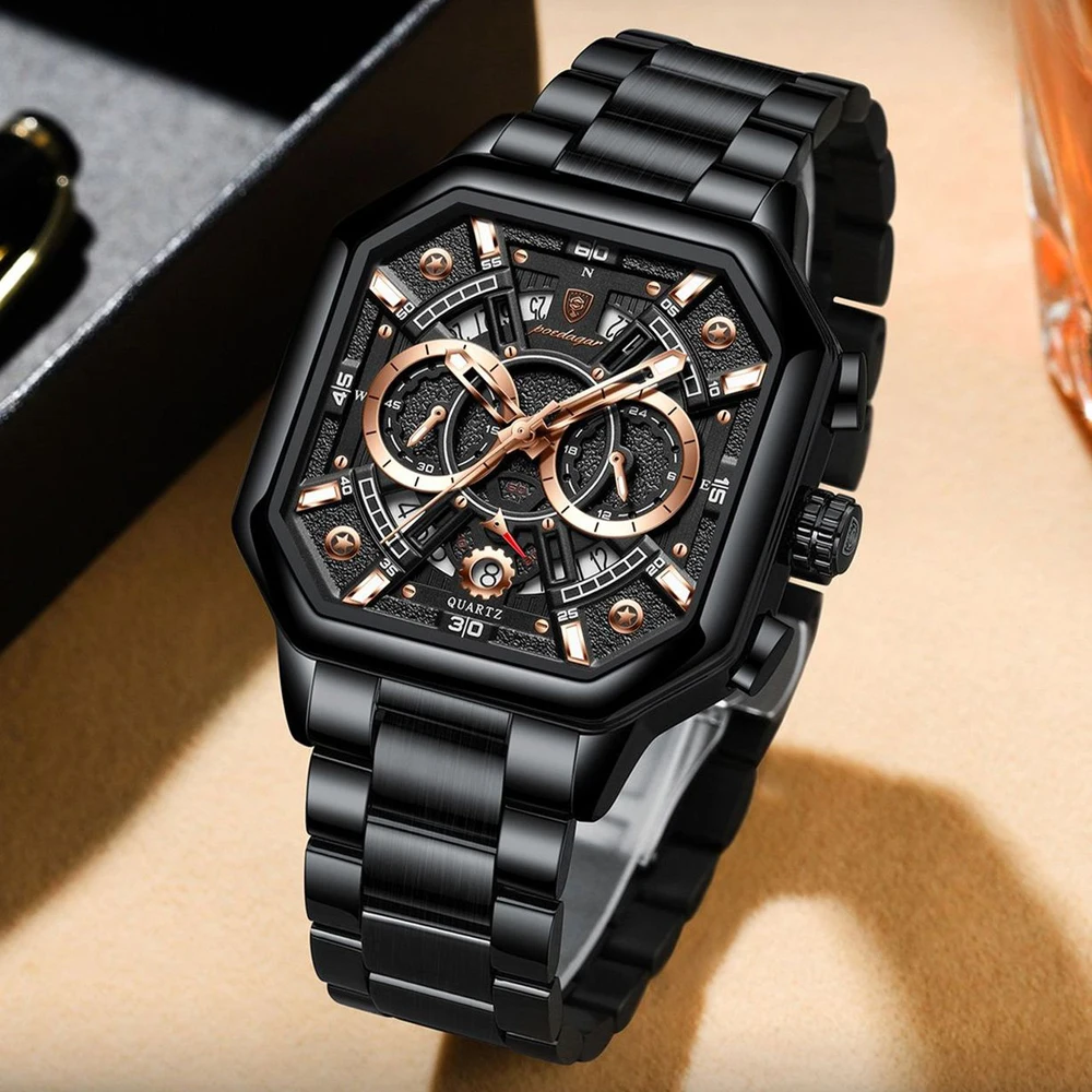 POEDAGAR Luxury Original Men Chronograph Date Man Watch Stainless Steel Quartz Men's Watches Waterproof Luminous Clock Reloj+box