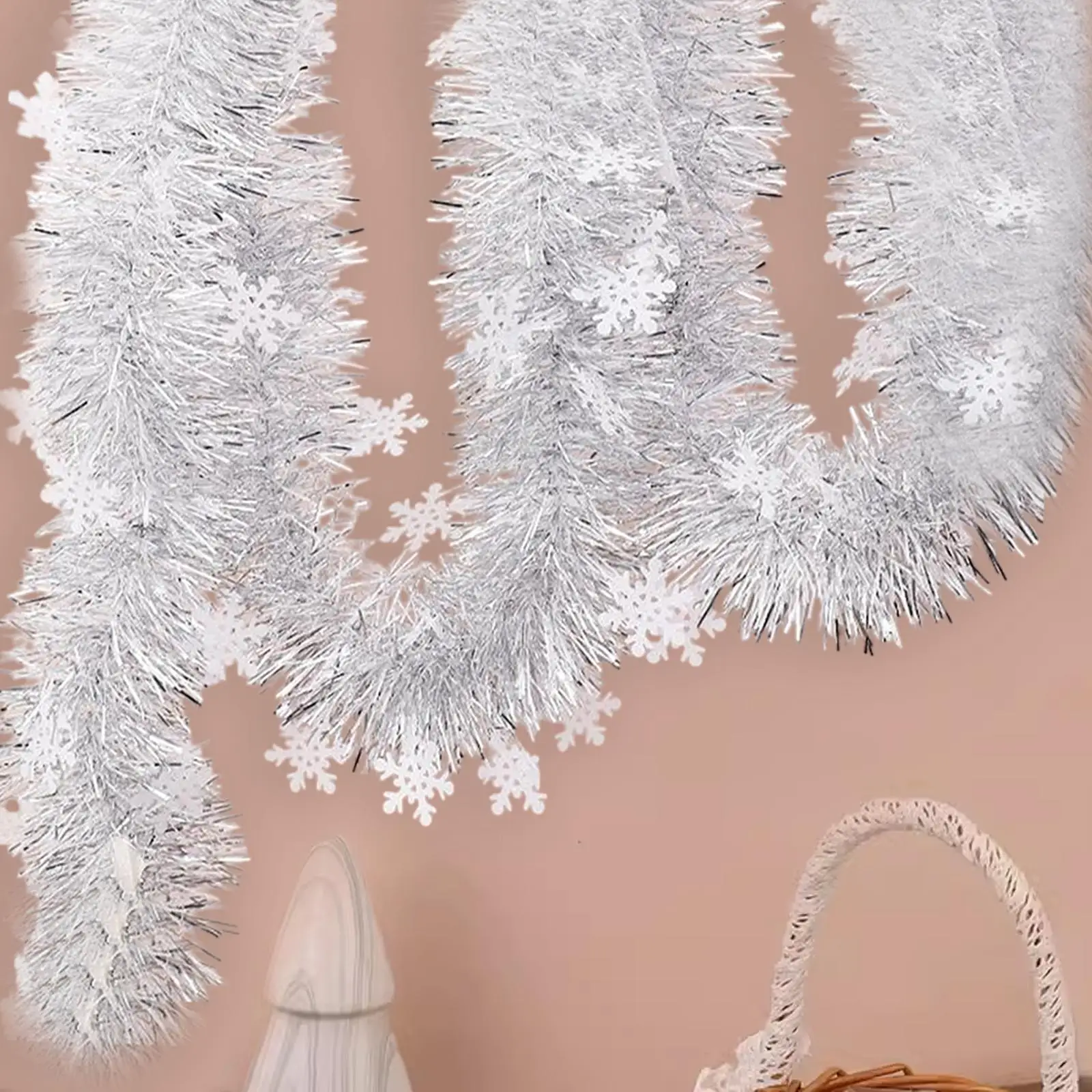 Christmas Tinsel Garland Silver 71 inch Snowflakes Long Sparkly Xmas Streamer for Decorative New Year Birthday Festive Staircase