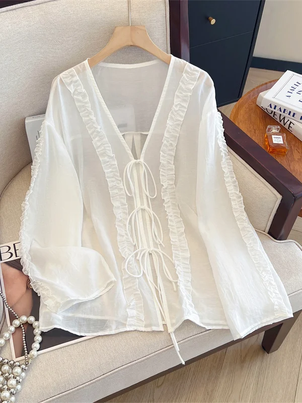 Retro Beautiful Wood ain  Tie V-ne Sun Protection irt Women Summer Thin Loose Long Sve Open Cardigan Top