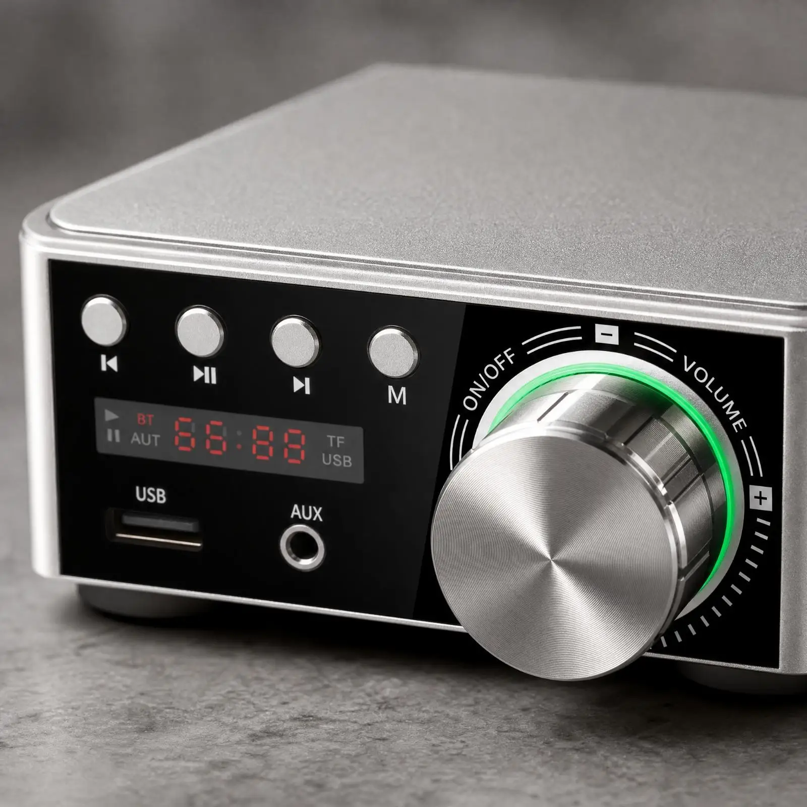 compact-class-d-bluetooth-amplifier-with-front-panel-controls-and-wide-voltage-input-for-home-audio-use