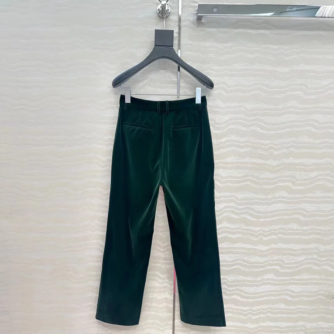 New Fashion Autumn Elegant Fashion Dark Green Velvet Retro Suit Pants Women High Waist Casual Straight Ankle Length Trousers
