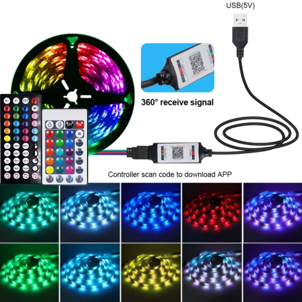 5M 10M USB RGB LED Strip Ribbon TV Backlight 5V Bluetooth Voice Control Lamp Tape Desktop Diode 3M Self-adhesive 5050 30LEDs/M