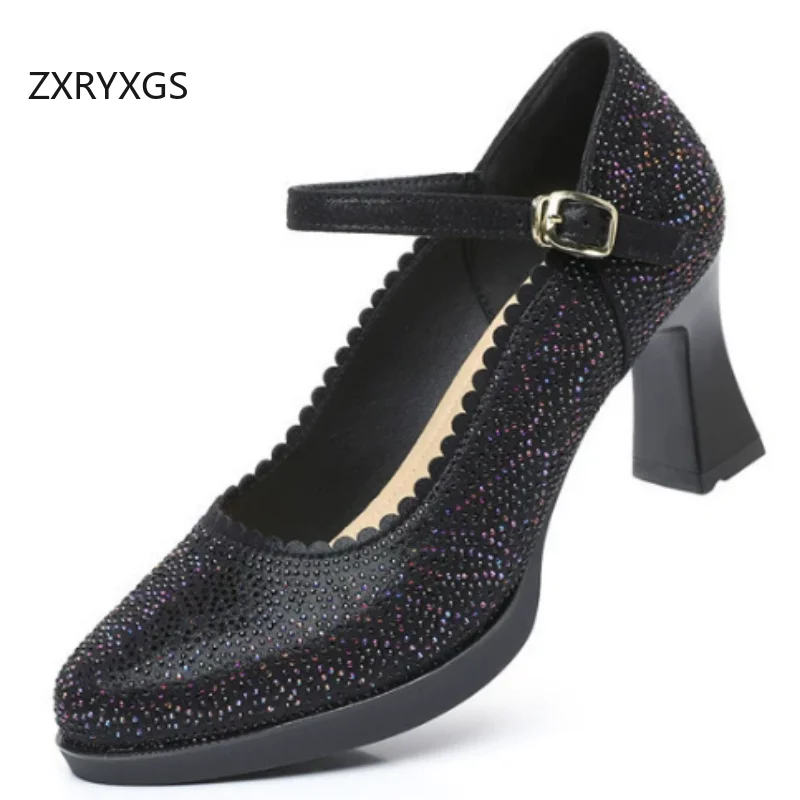 ZXRYXGS High Quality Microfiber Rhinestone Shoes Women Model Catwalk High Heels 2026 Elegant Fashion Shoes Heel High 7 / 9 Cm