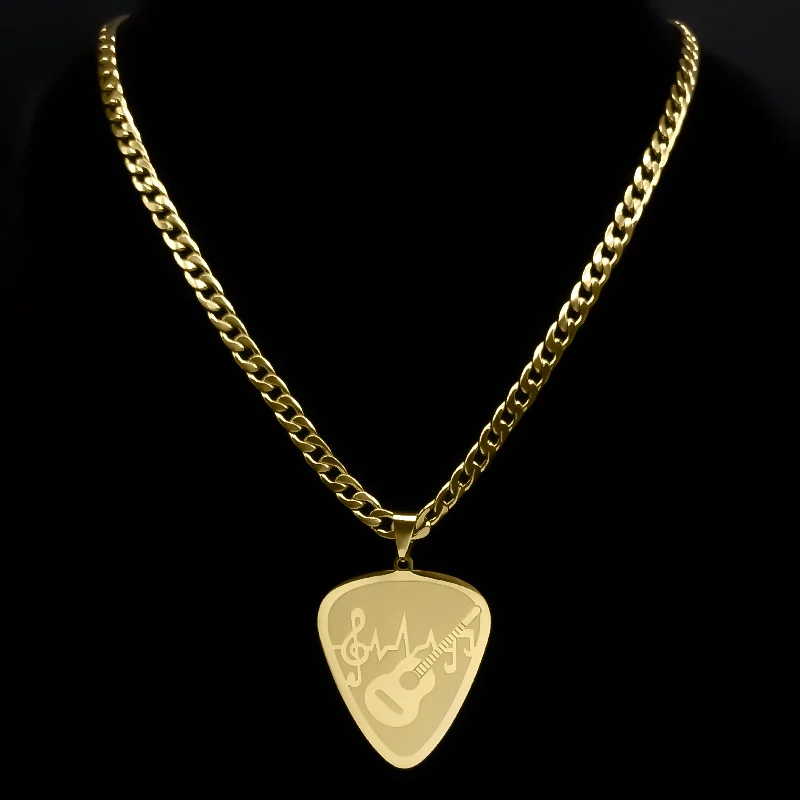 Hip Hop Guitar Pick Bass Note Necklace for Men Stainless Steel Gold Plated Music Lovers Pendant Necklaces Jewelry colar N3003GD