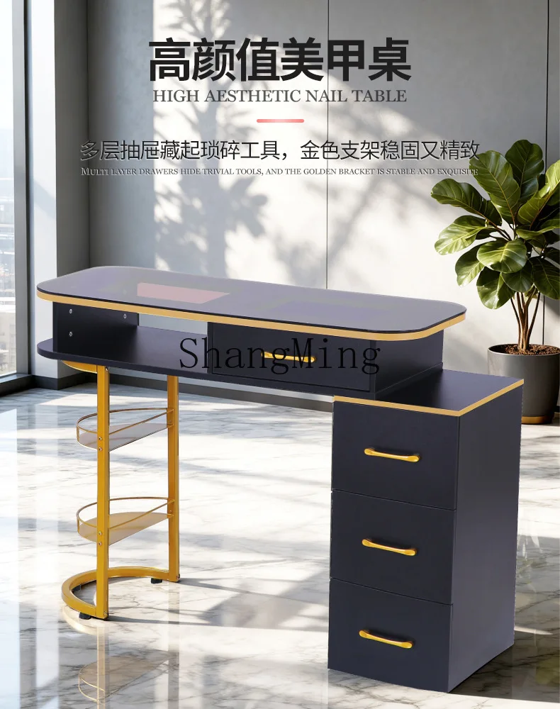 Mesa para uñas FG de vidrio marrón con 12 compartimentos de almacenamiento, color dorado y negro, de lujo y ligero