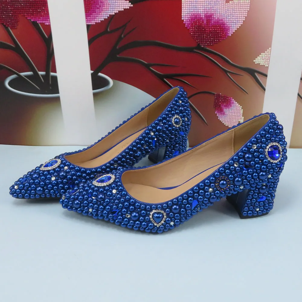 Fashion Royal Blue Pearl Pointed Toe Wedding Shoes bag Set Woman High Pumps Thick Heel Party Shoes Matching Evening Bag Shallow