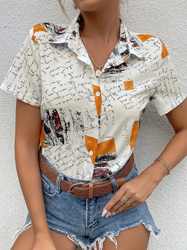 Лето 202, женские рубашки с короткими рукавами и цветочным полосатым принтом для модных и повседневных летних каникул
