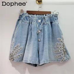 Diamond Studded By Hand Beaded High Waist Slimming Wide-Leg Denim Shorts Women 2024 Summer New Elastic Waist Jean Shorts Female