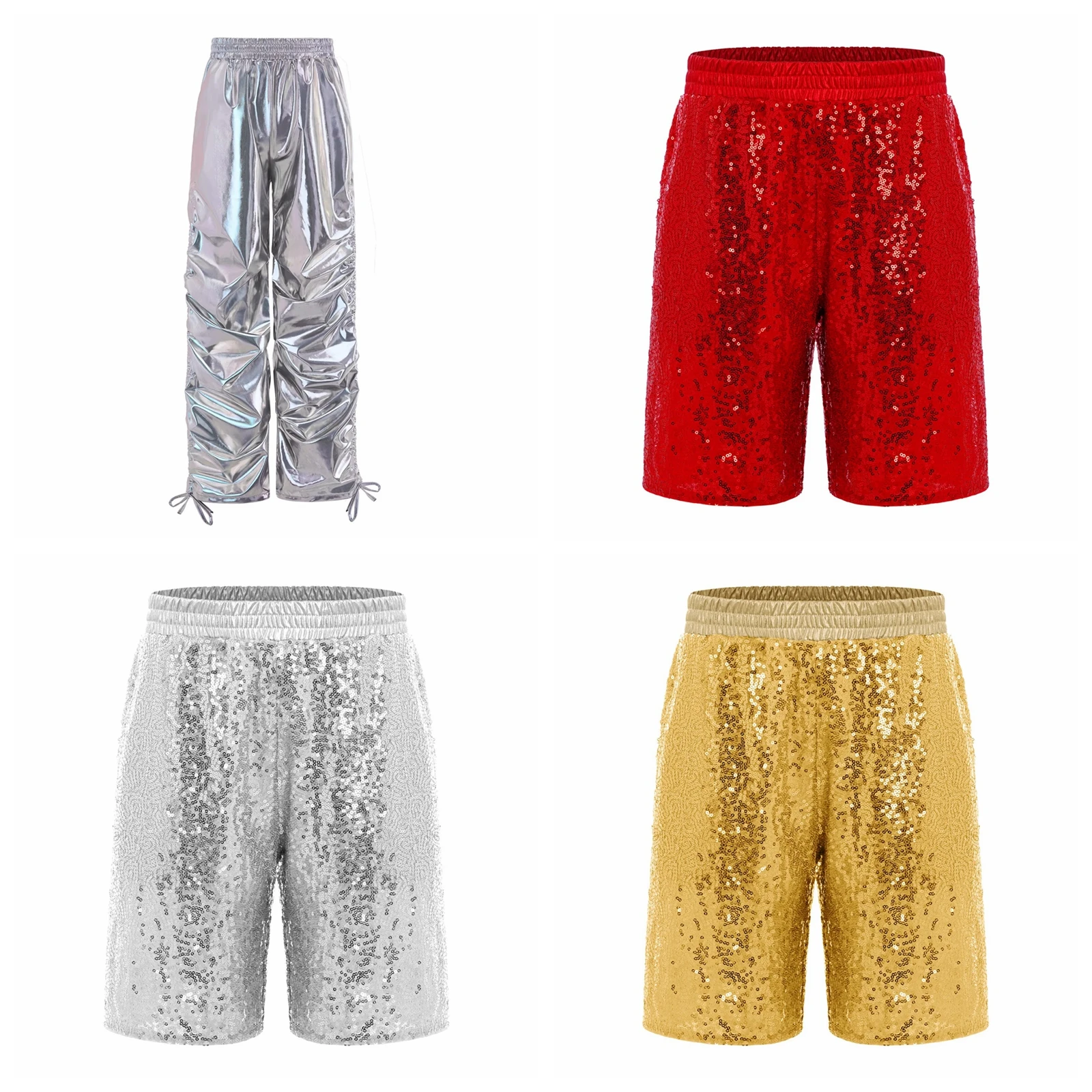

Hip-hop Wear Kids Boys Girls Metallic Ruched Straight Trousers Jazz Street Dance Pants 70s Disco Costume Elastic Waistband Pants