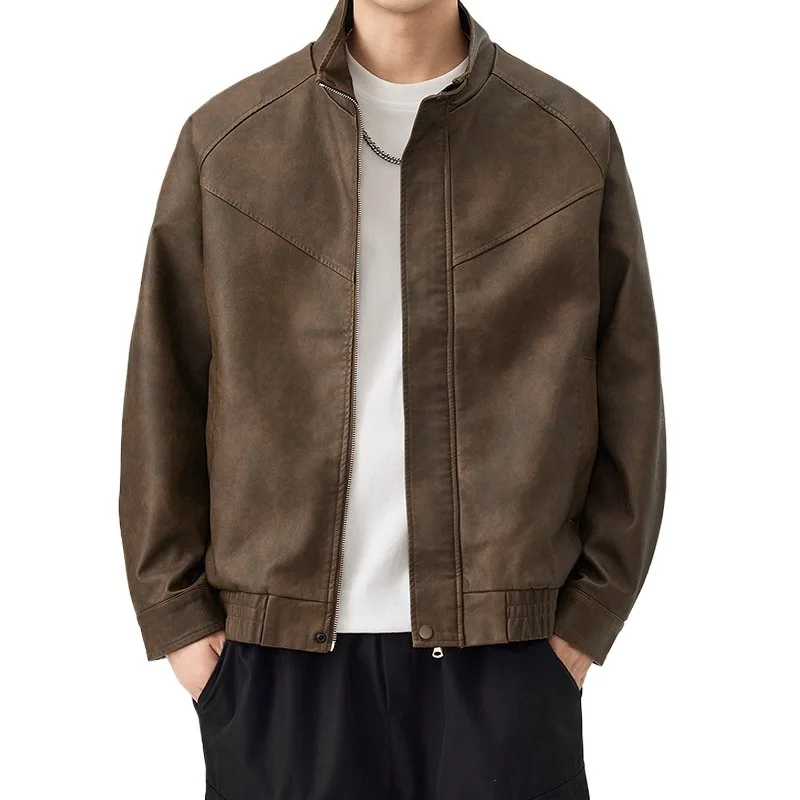 

Men's Jackets,Autumn New Stand-up Collar Retro Locomotive Leather Jacket Trendy Jacket Men's New Casual Coat Leather Jacket Coat