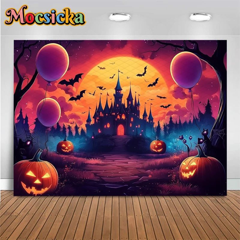 Mocsicka Halloween Photo Background Shooting Props Night Terror Castle Balloons Jack-O-Lantern Party Decors Photography Backdrop
