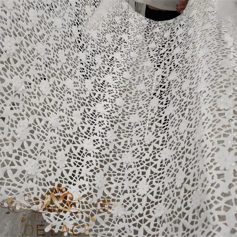 JZQ Exquisite 3D Flower Lace Fabric Hollow Out Floral Pattern Fabric With Shining Sequins Wedding Dress DIY Fabric