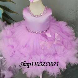 Fluffy Flower Girl Dress Butterfly Detachable Tail Child Baby Girl Wedding Bridesmaid Birthday Party First Communion Ball Gown