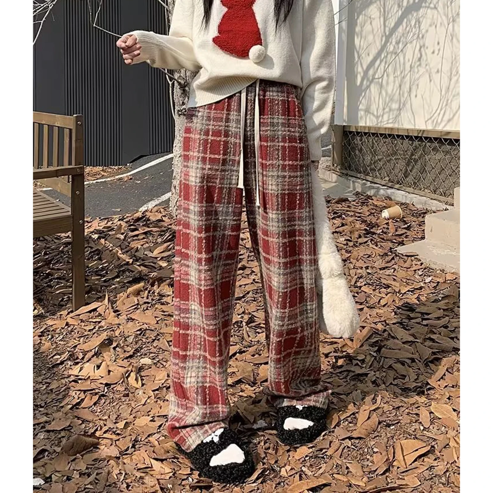 

2024 Spring Autumn Women Christmas Red Checkered Pants Trendy Straight Leg Trousers Y2K Harajuku Street Chic High Waisted Pant