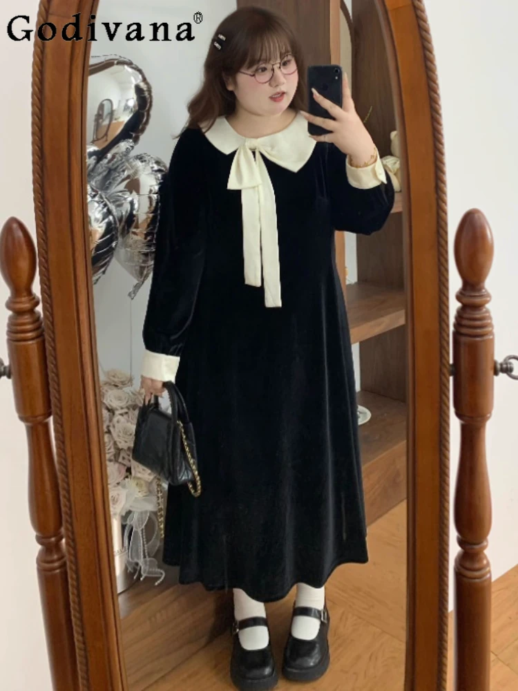 

Large Size Women Sweet Bow Peter Pan Collar Velvet Dresses Autumn Winter Fashion Versatile Age Reduction A-line Leisure Dress
