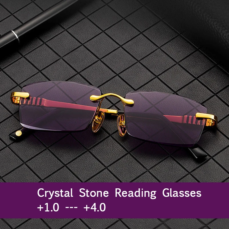 

Purple Crystal Glass Reading Glasses Women Rimless Presbyopic Diopter Natural Mineral Stone Lens +1.0 +2.0 +4.0 Top Quality