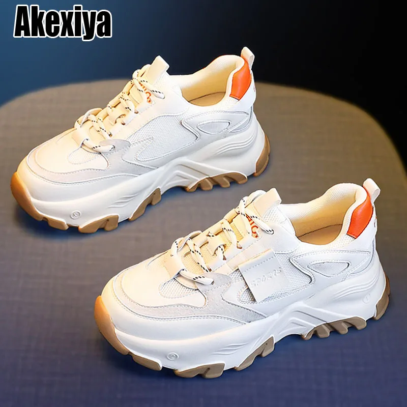 

Women Chunky Sneakers Genuine Leather Lace-Up Round Toe Fashion Platform Ladies Autumn Casual Shoes Handmade