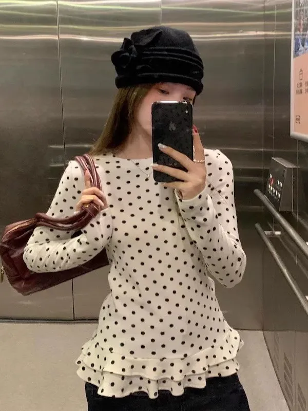 Korean Style Long Sleeve round Neck Checkered T-Shirt Women's Autumn Winter Slim Fit Base Shirt Top Casual Polka Dot Blouse