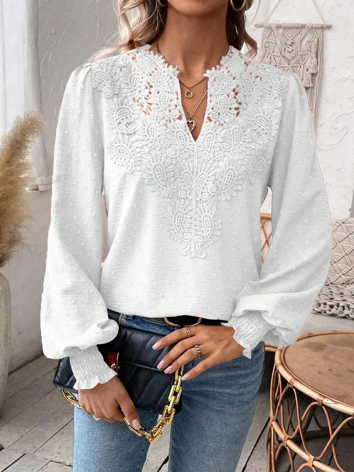 2024 New Autumn Lace Panel Solid Long Sleeve Casual Women's Shirts Fashion Loose V-neck White Blouse Tops Blusas Casuales Mujer