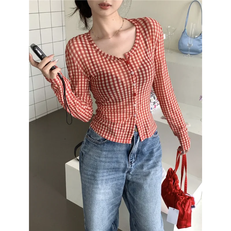 

Women's New Stitched Round Neck Button Plaid Fashionable Slim Fit Versatile Casual Long Sleeve Shirts