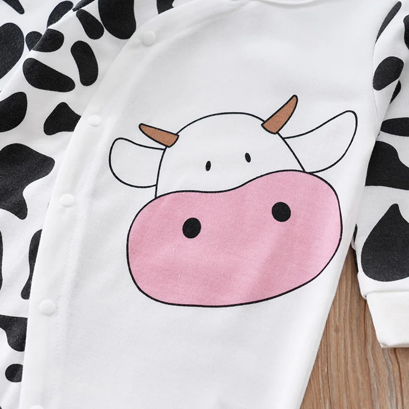 Spring And Autumn Boys And Girls Cute Cartoon Cow Print Comfortable Long Sleeve Baby Bodysuit