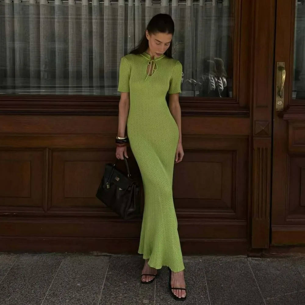 

Green Knitted Summer Dress for Women Elegant Short Sleeve Slim Long Party Dresses Fashion Hollow Out Basic Holiday Dress 2025