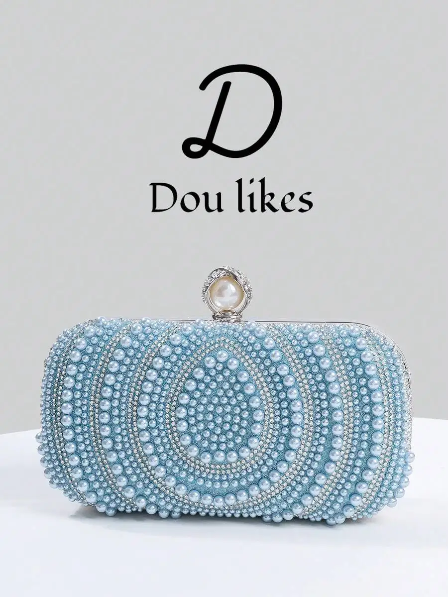

Light Blue Pearl-Embellished Clutch With Crystal Accents And Pearl Clasp For Wedding, Party, Graduation, Formal Events