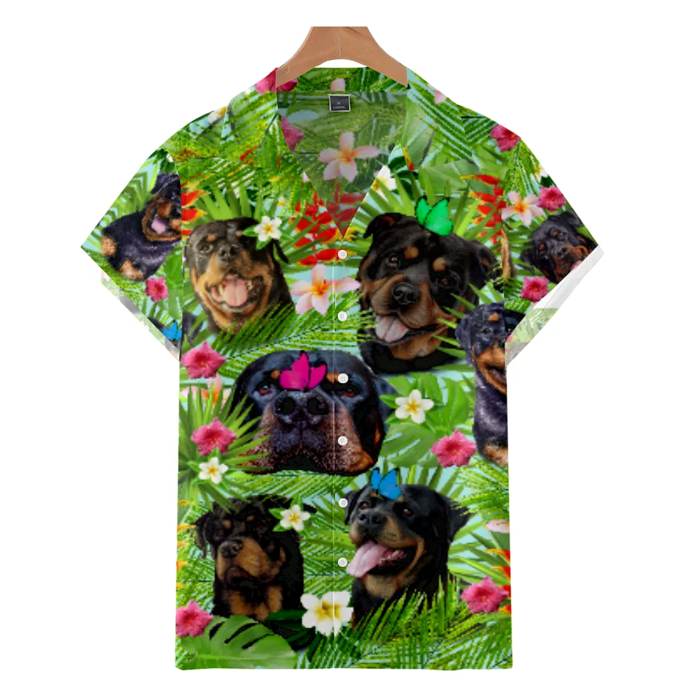 

New Casual Men's shirt Oversize Rottweiler Print Funny Dog Short Sleeve Tops Highstreet Hip Hop Summer Wear