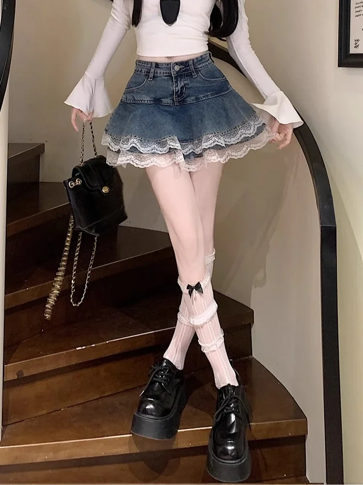 Y2k Retro Lace Trim Denim Cake Skirt Women Hight Waist A Line Mini Skirt Female Korean Fashion Casual Streetwear Pleated Skirt
