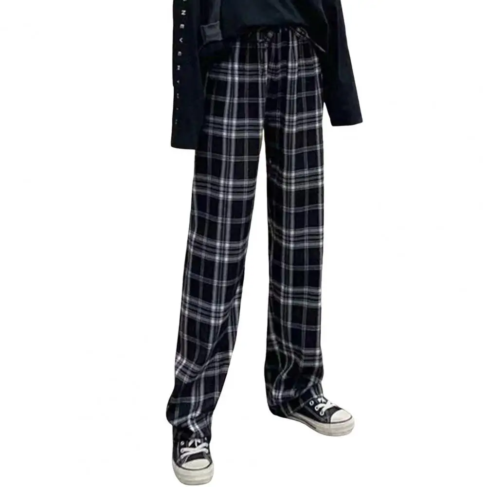 Women Pants Elastic High Waist Straight Wide Leg Plaid Print Winter Long Trousers Velvet Lining Warm Pants