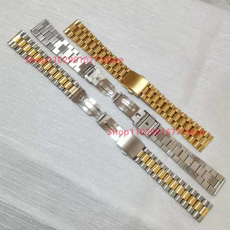 18mm 20mm 22mm Universal Straight End Solid  Stainless  Steel Silver Gold President  3 Beads Watch Band Strap Bracelet