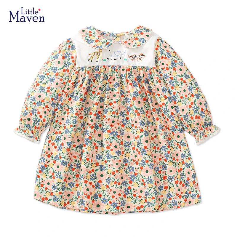 Little Maven Children\'s Clothing Autumn Baby Girls Kids Clothes Cartoon Flowers Princess Long Sleeves Dress Cotton Spring