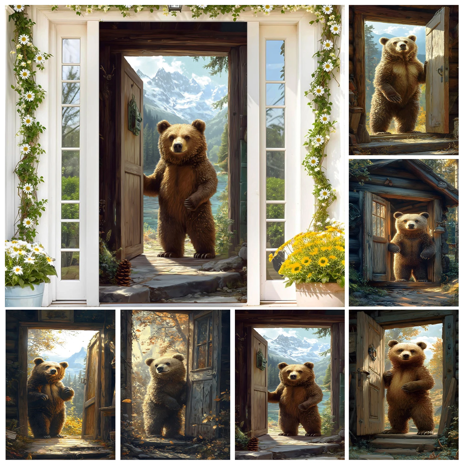 Jungle Animals Big Brown Bear Door Cover Backdrop Country Porch Cottage Birthday Party Room Decor Door Cover Photo Background