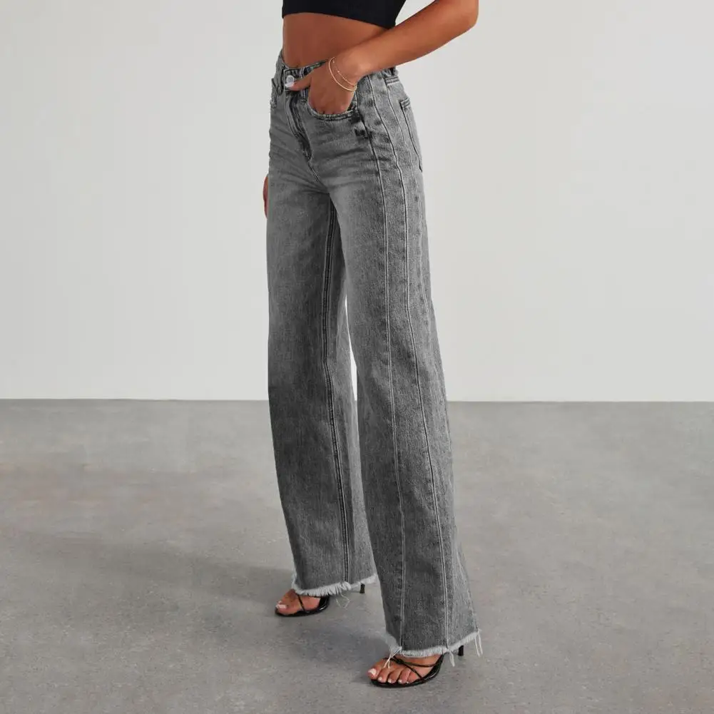 ملابس نسائية جديدة لربيع وصيف بلون سادة فضفاضة وواسعة الساق وخياطة جانبية جينز بحاشية متوترة