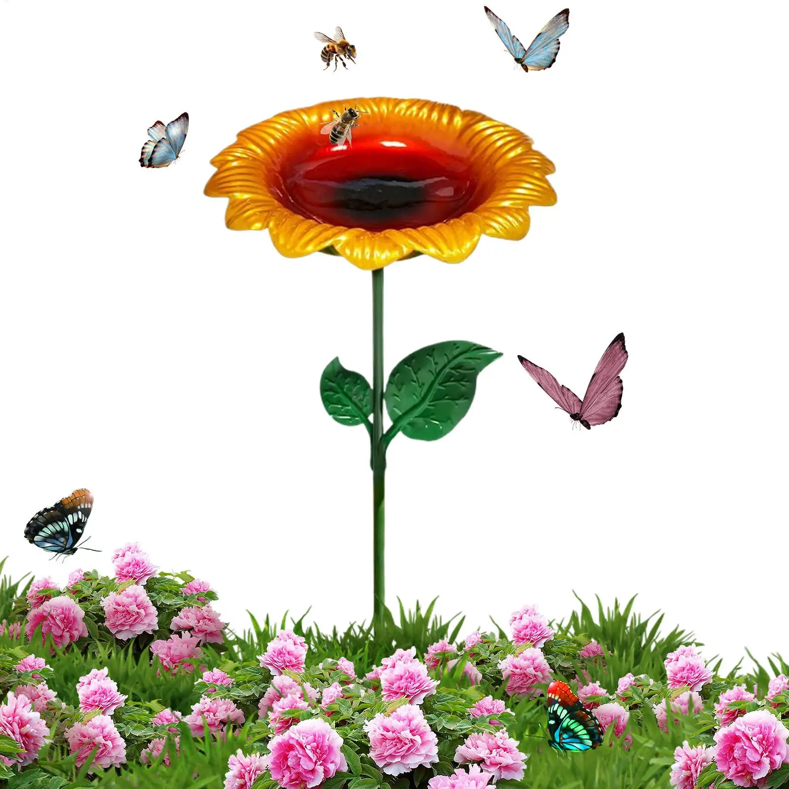 Garden Bird Baths with Metal Stake Stand For Outdoors Bird Bath Bowl Outdoor Feeder Weather Resistant Feeding Station  For Yard