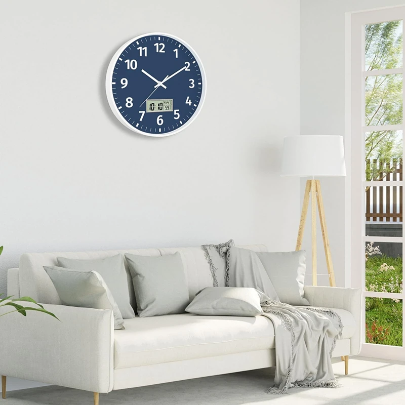 Digital Wall Clock With Time, Day Of Week And Temperature, Silent Non-Ticking Battery Operated Round Digital Wall Clock