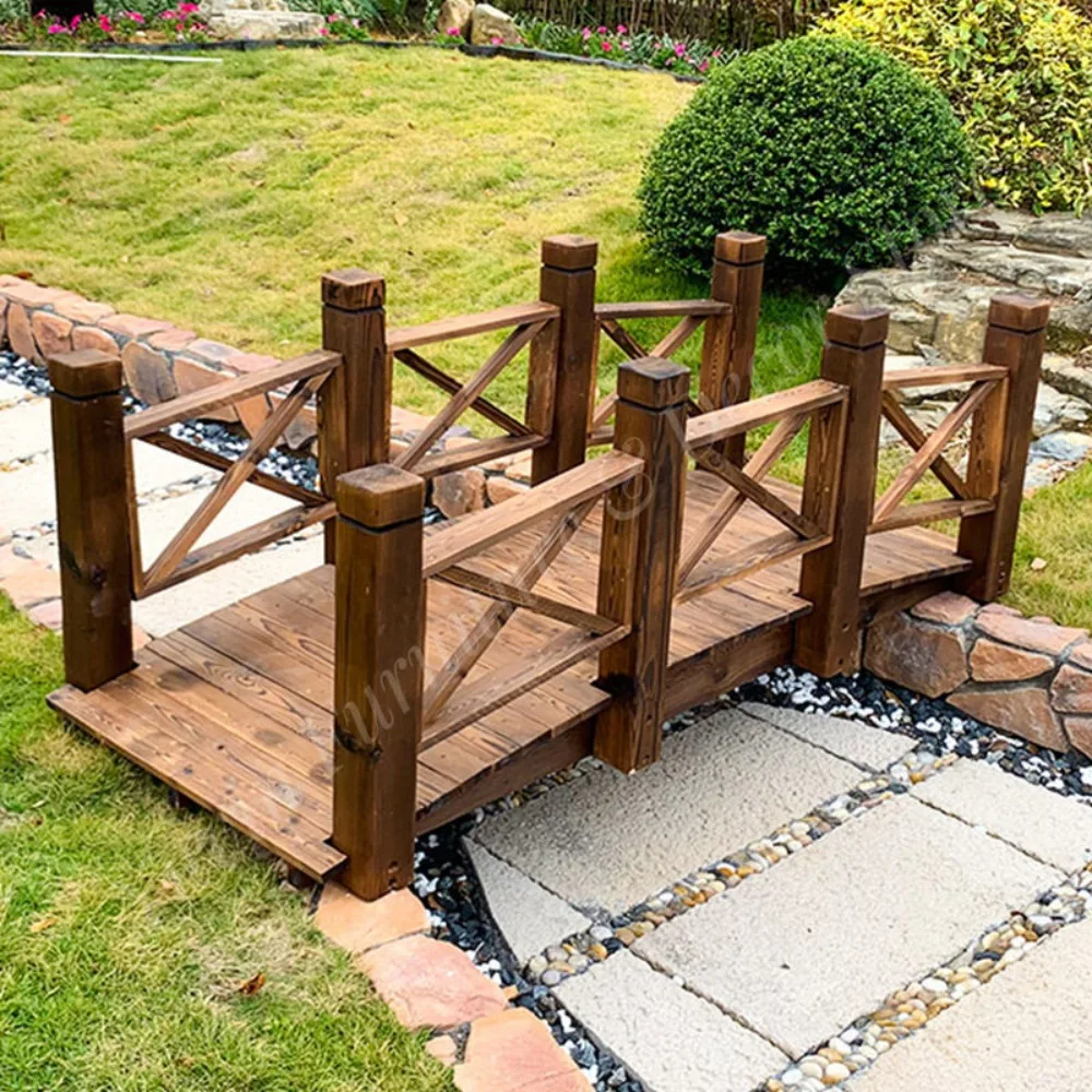 Carbonized Wooden Bridge Garden Decor Plank Deck Cross Lattice Railings Square Posts Custom Size Outdoor Yard Patio Landscape